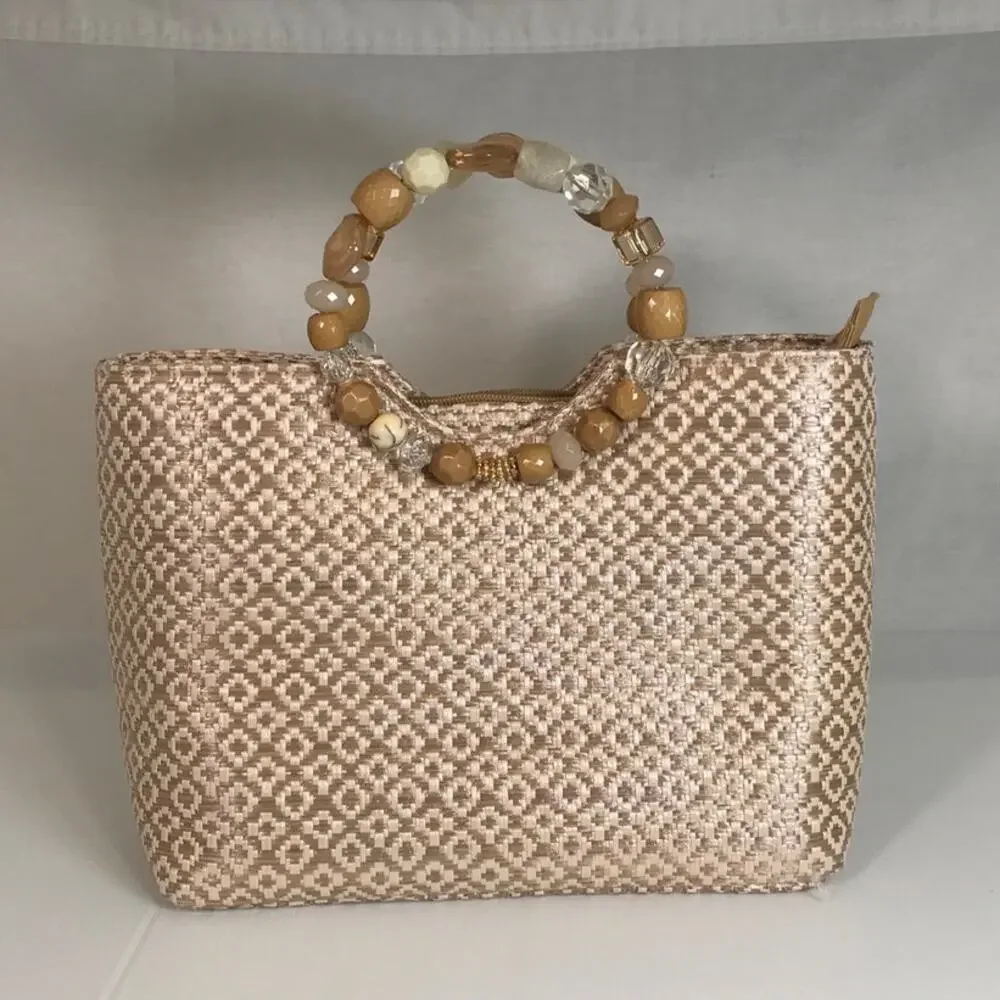 Cappelli Straworld Boho Beach Beaded Handle Textured Geometric Handbag